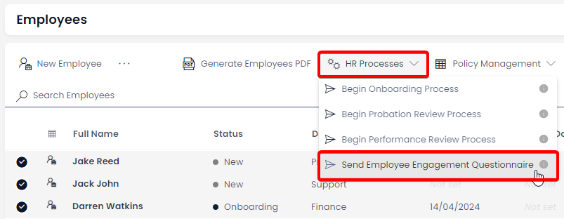 A screenshot depicting how to send the employee satisfaction survey to employees. Once the employees are selected in the employee list, the action button titled &quot;Send Employee Engagement Questionnaire&quot; should be pressed.